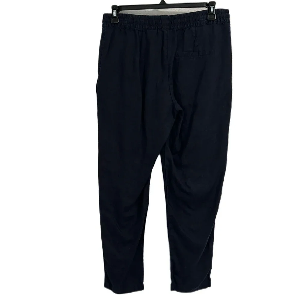 H&M Pants Women 10 Navy Linen Drawstring Elastic Taper Pocket Comfy Beachy Boho